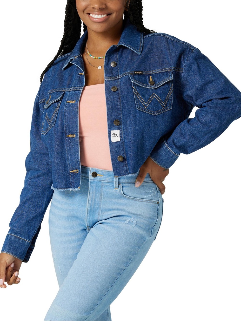 Wrangler Blue Cropped Denim Jacket - size medium, 100% cotton